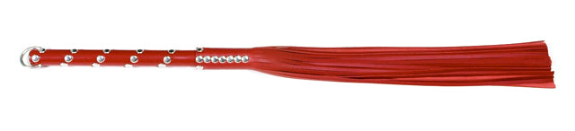 MIstresses Damazonia - W160 Red Cowhide Leather Tails (5mm wide) Long Chrome Stud Handle